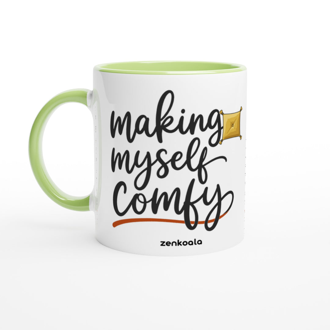 Making Myself Comfy mug in green: white with a green rim, inside and handle, Zen Koala Australia