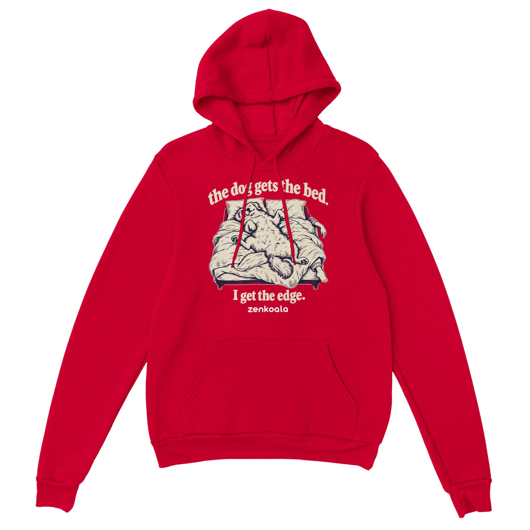 The Dog Gets the Bed feel-good hoodie in red, Zen Koala Australia