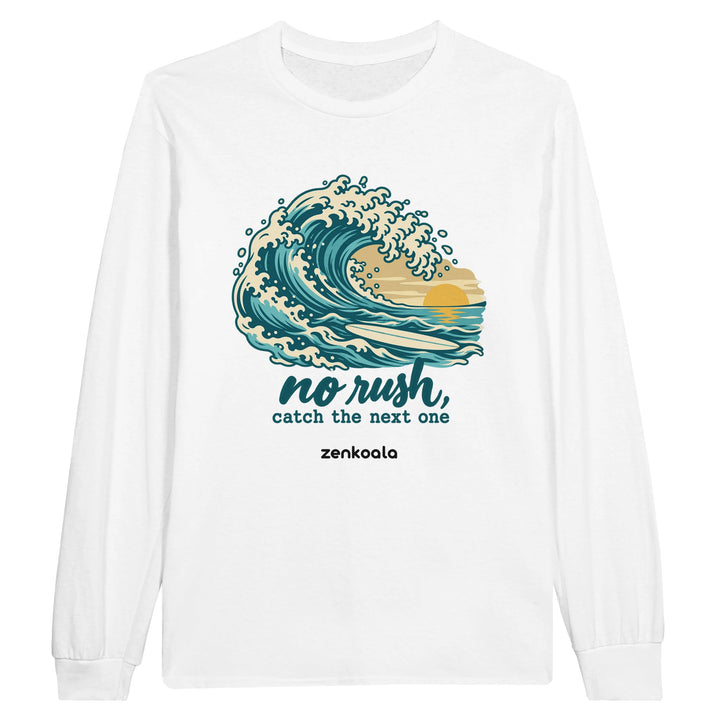 No Rush Catch the Next One feel-good long sleeve tee in white, Zen Koala Australia
