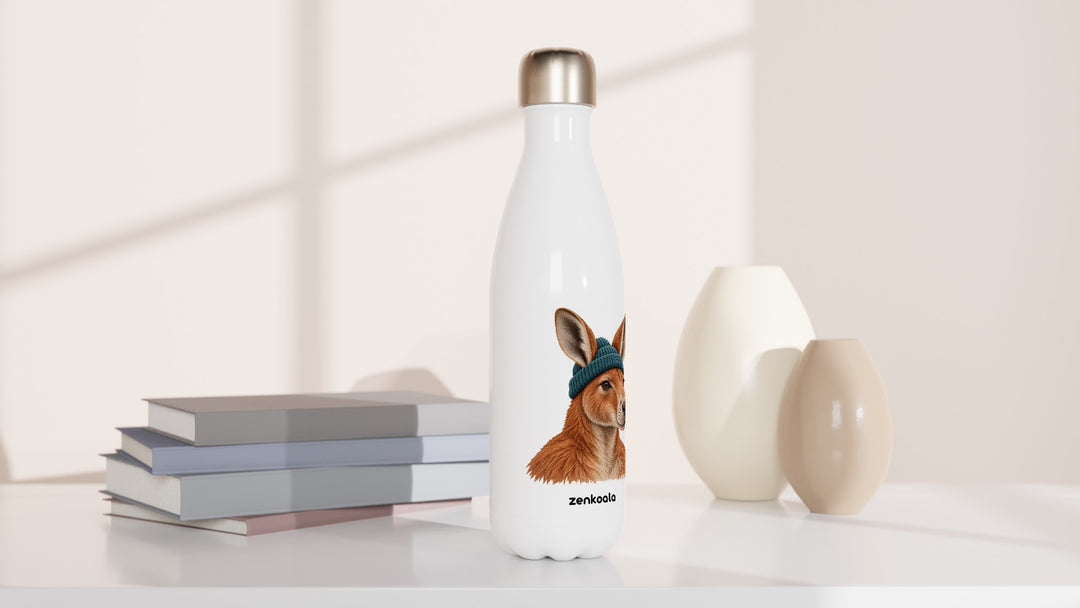 Kangaroo Beanie water bottle beside books and vases, Zen Koala Australia