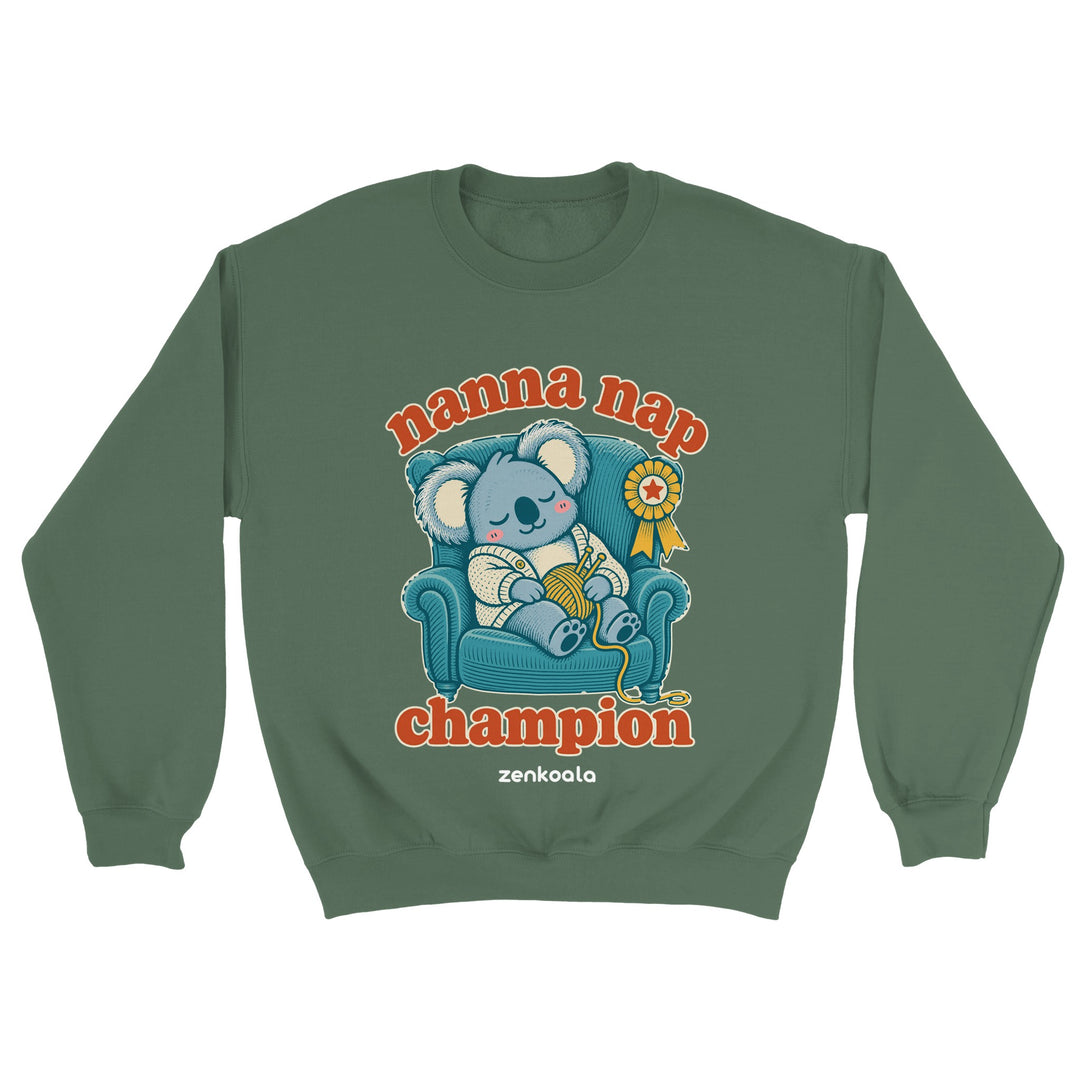 Nanna Nap Champion feel-good sweatshirt in military green: a koala asleep in an armchair with knitting and a prize ribbon, Zen Koala Australia