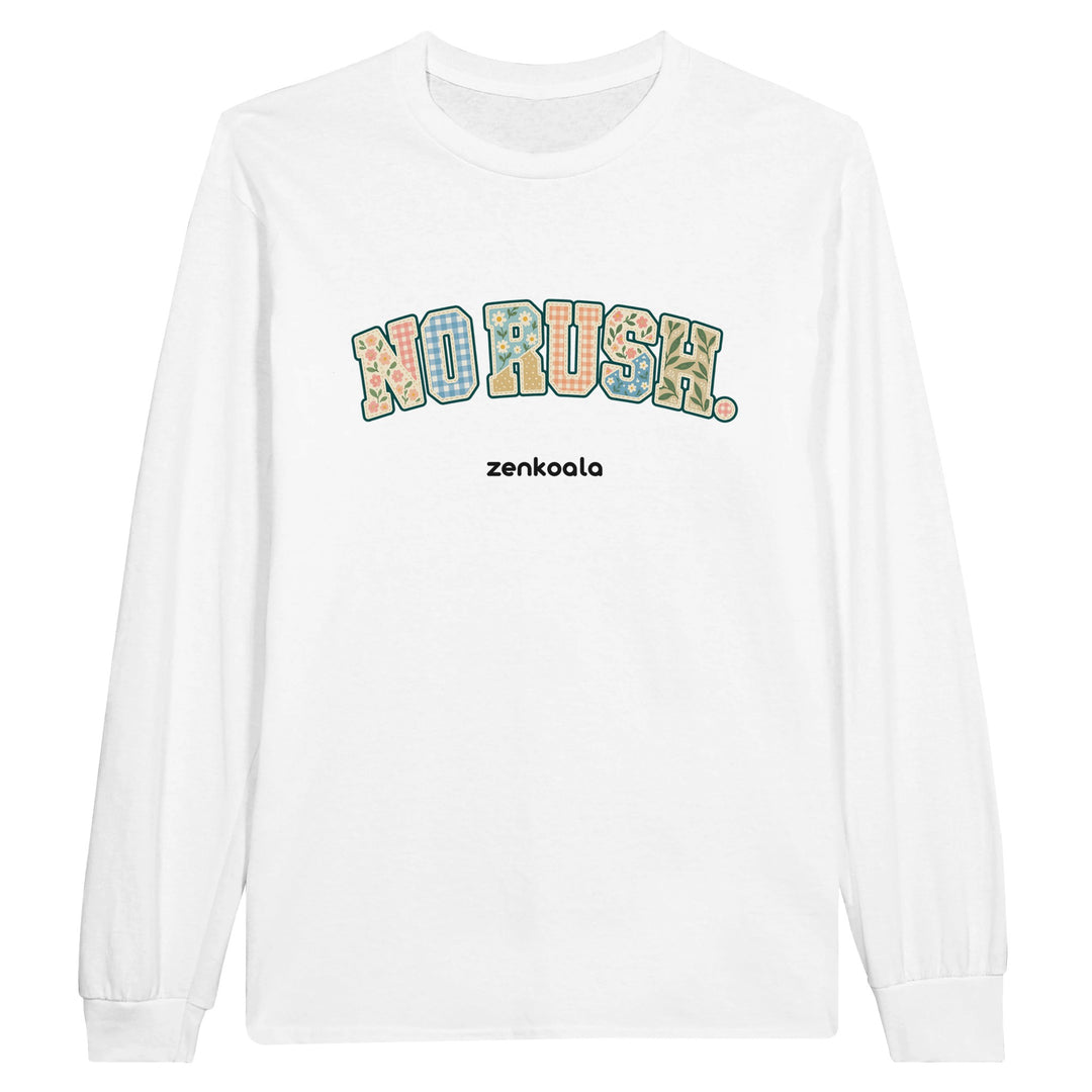 No Rush Faux Patchwork feel-good long sleeve tee in white, Zen Koala Australia
