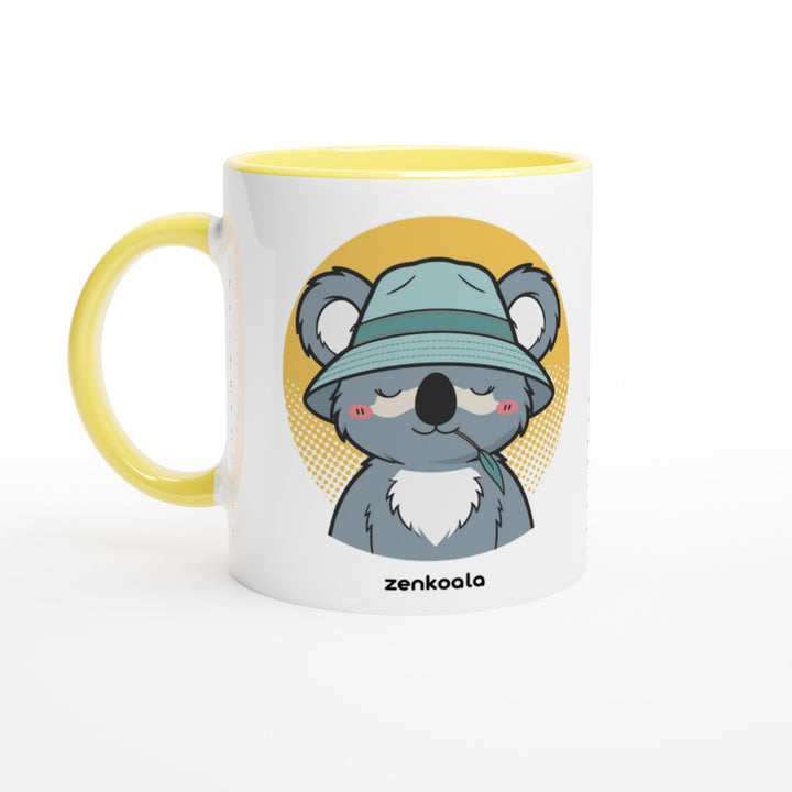 Koala Zinc and Bucket Hat mug in yellow: white with a yellow rim, inside and handle, Zen Koala Australia