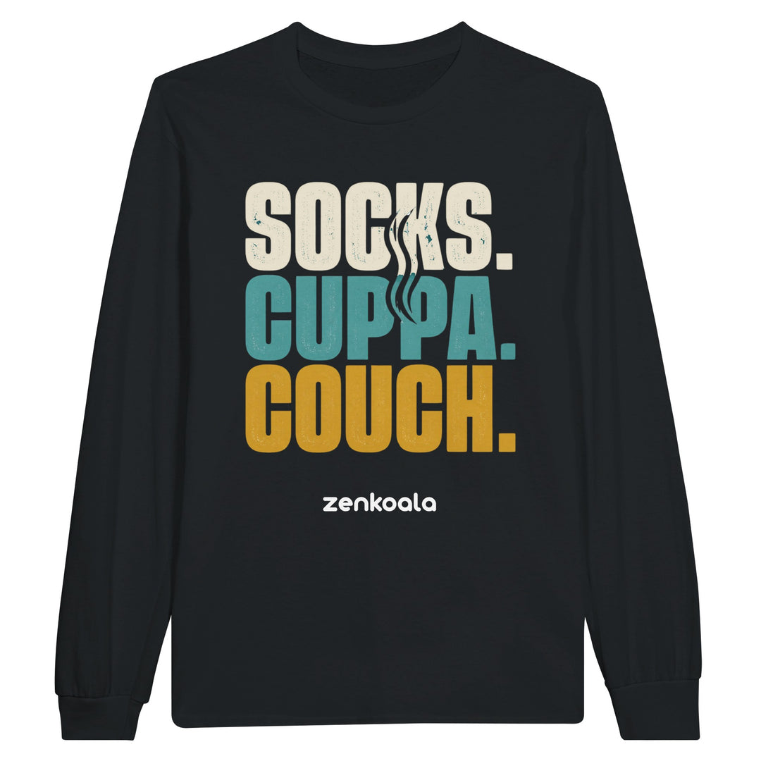Socks Cuppa Couch long sleeve tee in black — Zen Koala Australia