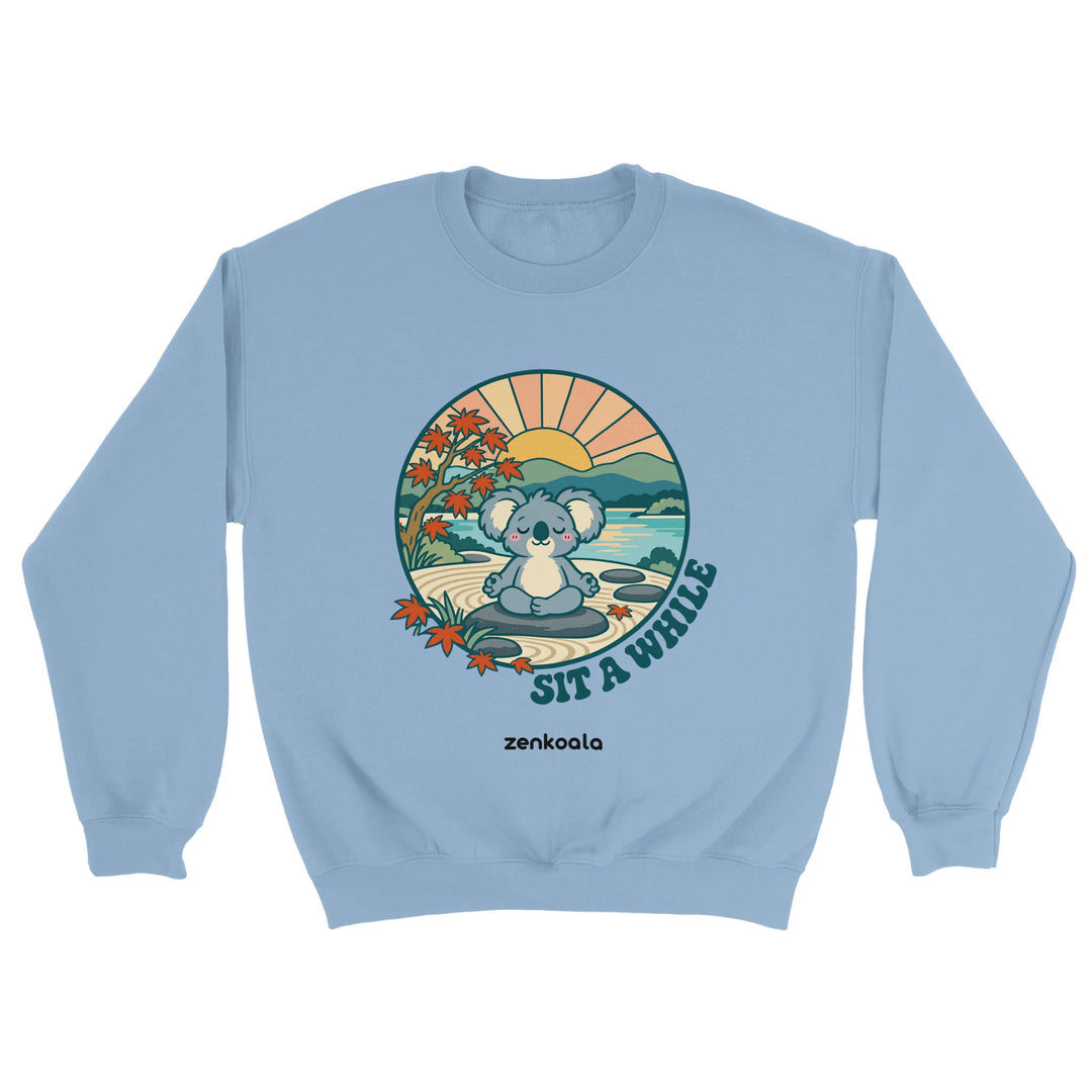 Sit a While feel-good sweatshirt in light blue, Zen Koala Australia