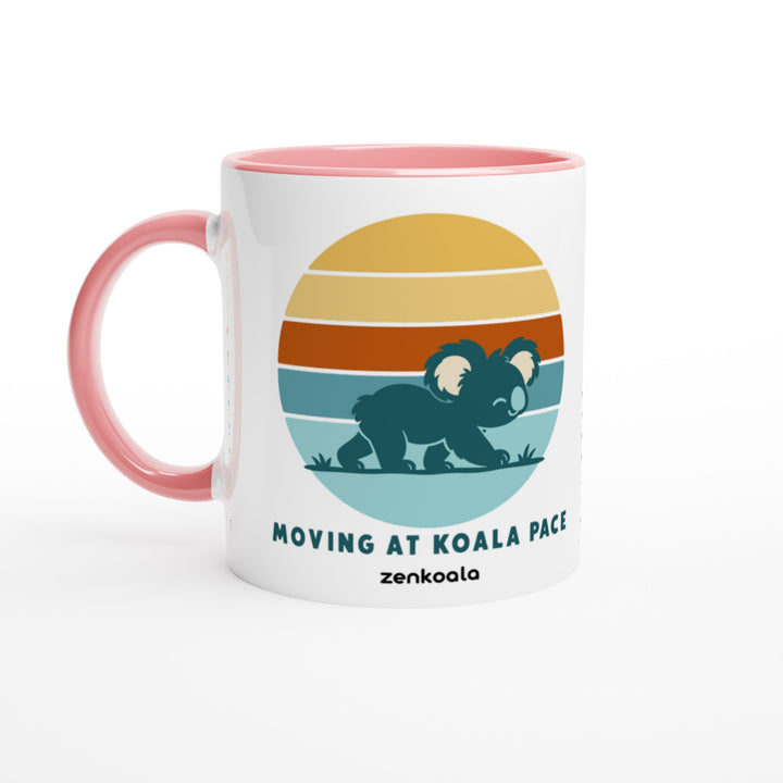 Moving at Koala Pace mug in pink: white with a pink rim, inside and handle, Zen Koala Australia