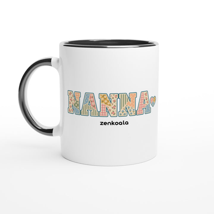 Nanna Faux Patchwork mug in black: white with a black rim, inside and handle, Zen Koala Australia