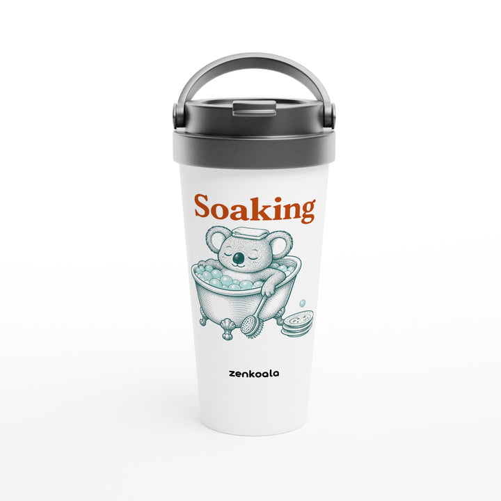 Soaking Koala Bath feel-good travel mug: a koala soaking in a bubble bath, Zen Koala Australia