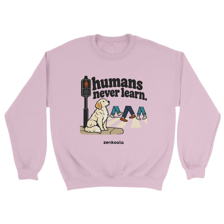 Humans Never Learn feel-good sweatshirt in light pink, Zen Koala Australia