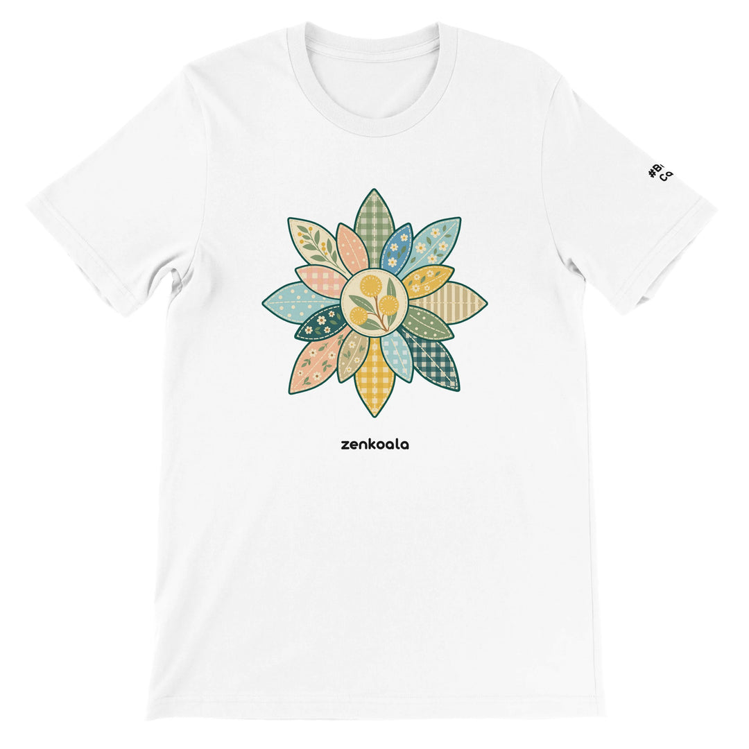 Wattle Mandala feel-good tee in white, Zen Koala Australia