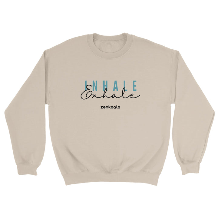 Exhale feel-good sweatshirt in sand: inhale and exhale in two kinds of lettering, Zen Koala Australia