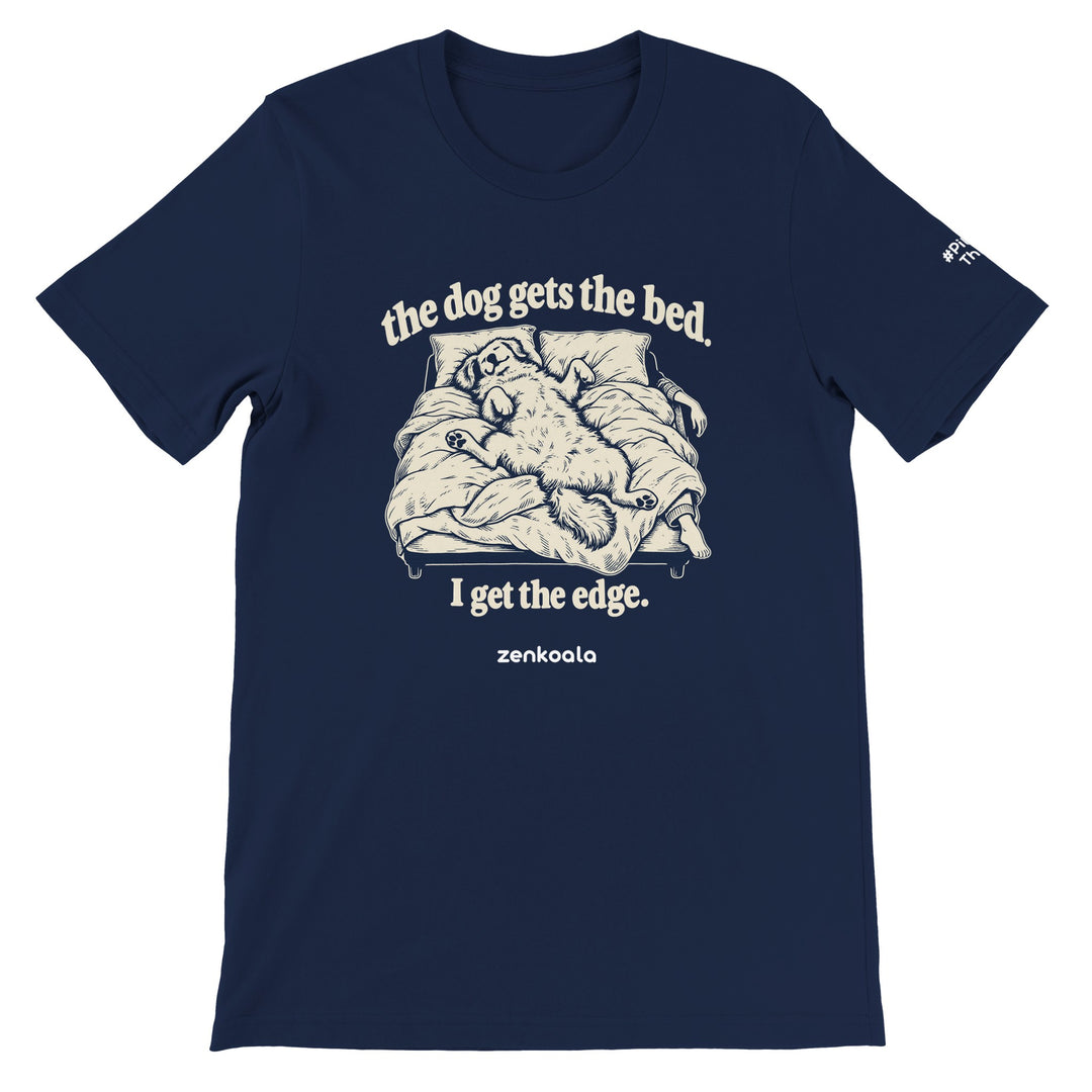 The Dog Gets the Bed feel-good tee in navy, Zen Koala Australia