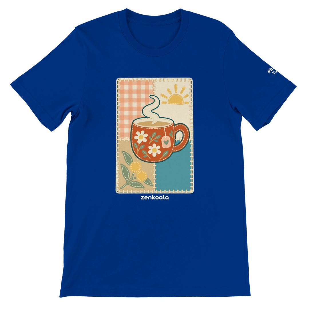 Cuppa Quilt feel-good tee in true royal, Zen Koala Australia