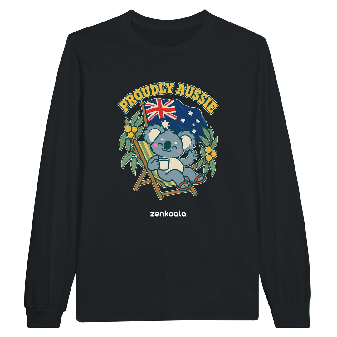 Proudly Aussie feel-good long sleeve tee in black, Zen Koala Australia