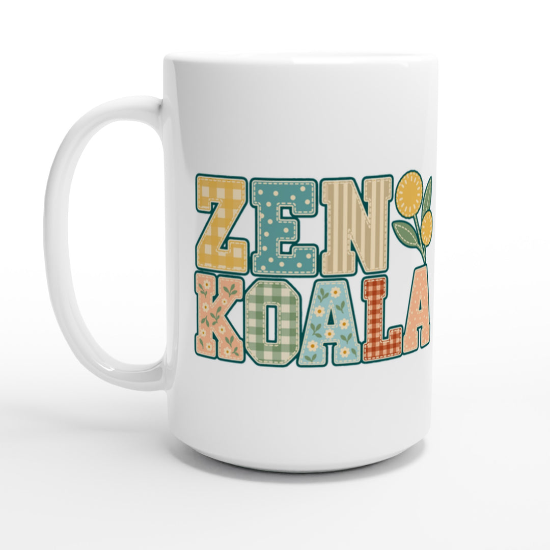 Zen Koala Faux Patchwork feel-good 15oz mug: the brand name in faux patchwork letters, Zen Koala Australia