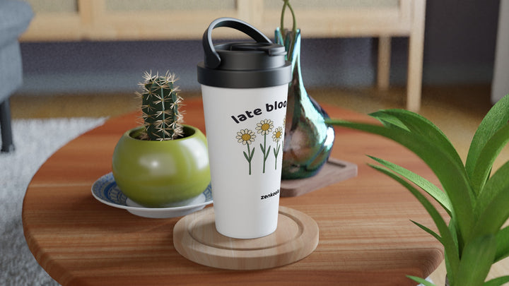 Late Bloomer travel mug on a wooden table with a cactus, Zen Koala Australia
