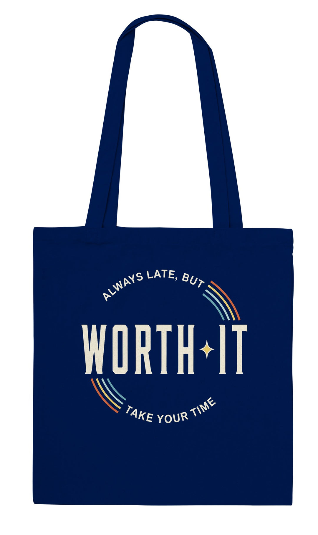 Always Late But Worth It feel-good tote bag in navy, Zen Koala Australia