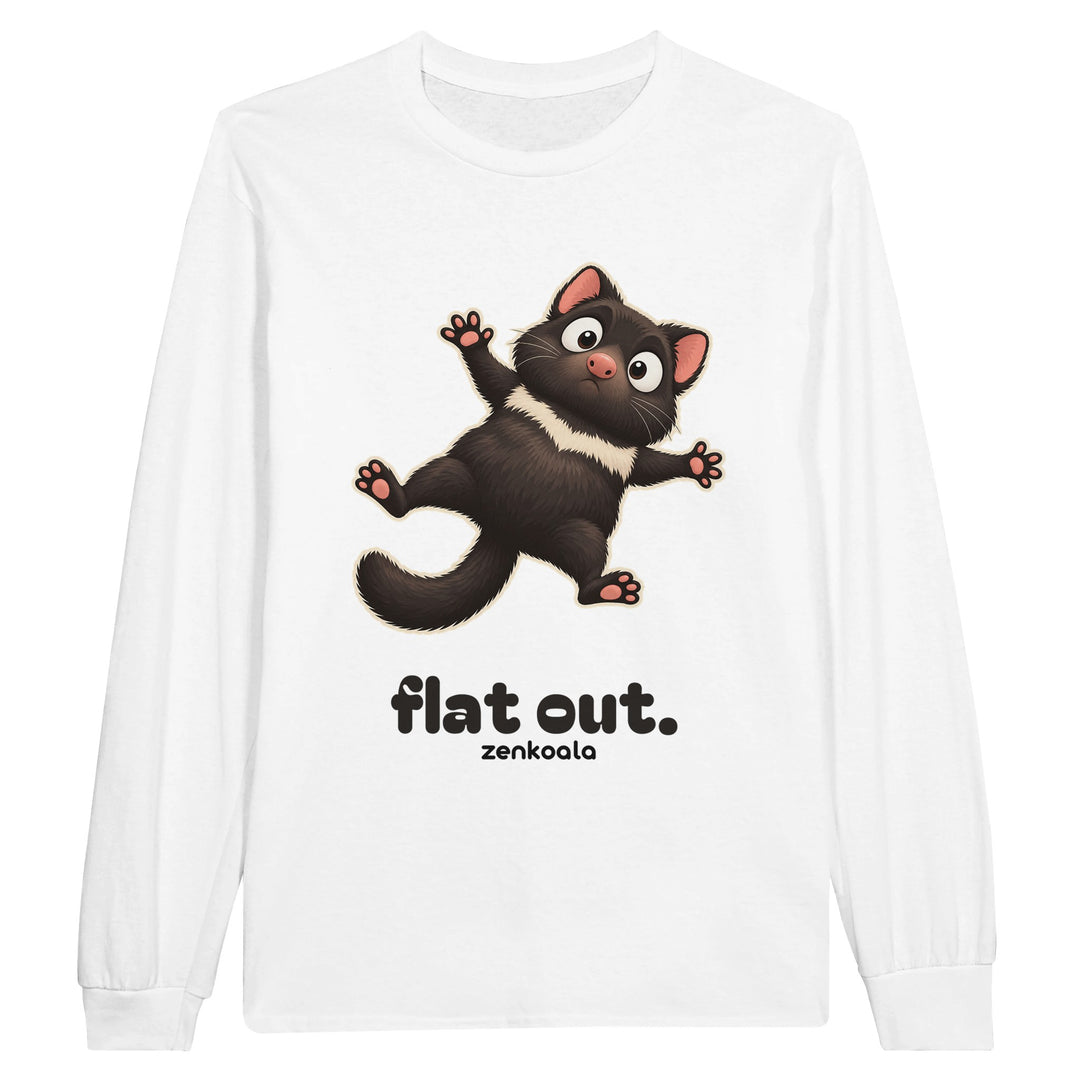 Flat Out feel-good long sleeve tee in white: a Tasmanian devil sprawled flat, Zen Koala Australia