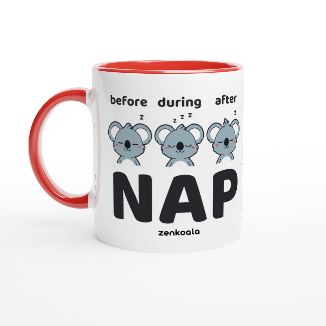 Before Nap Nap After Nap Koala mug in red: white with a red rim, inside and handle, Zen Koala Australia