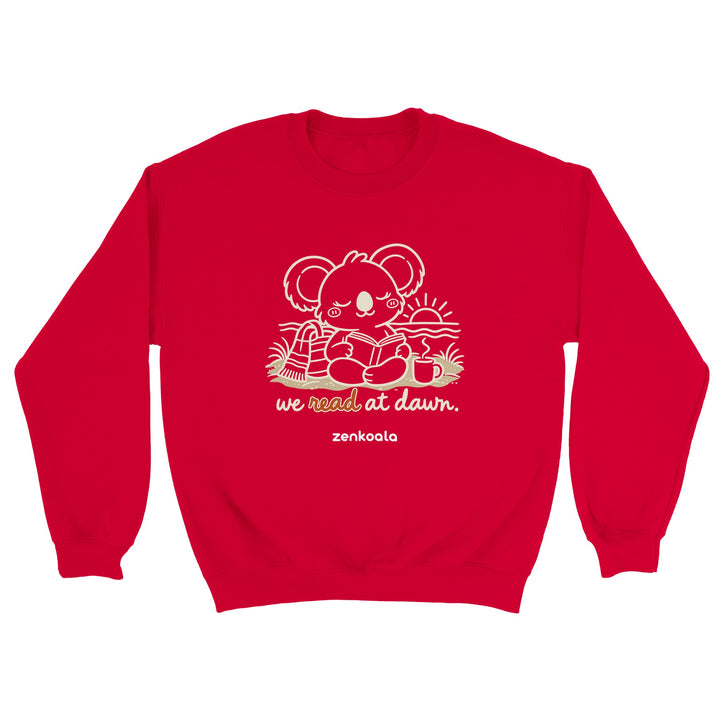 We Read at Dawn feel-good sweatshirt in red, Zen Koala Australia