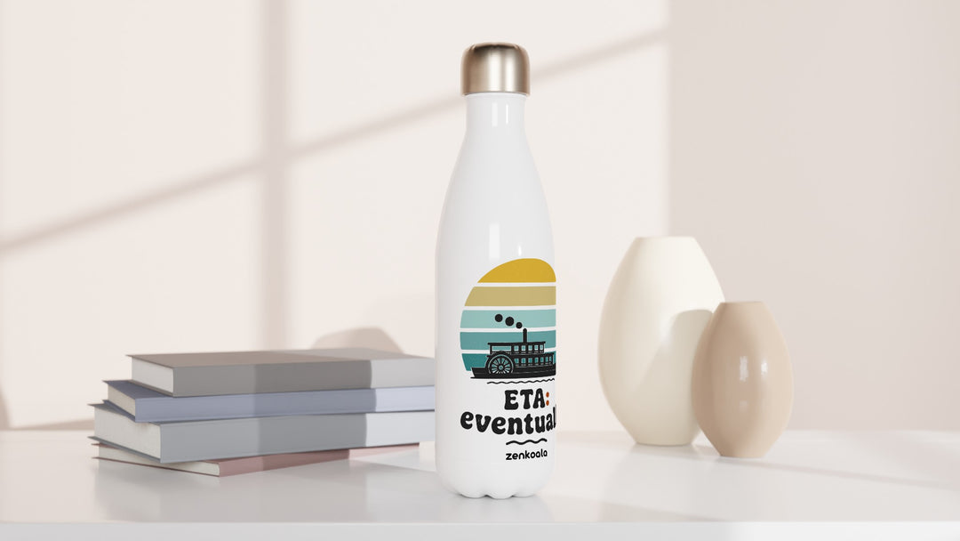 ETA Eventually water bottle beside books and vases, Zen Koala Australia