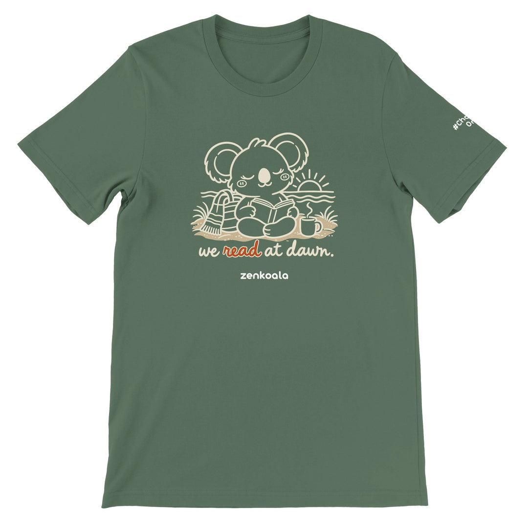 We Read at Dawn feel-good tee in military green, Zen Koala Australia