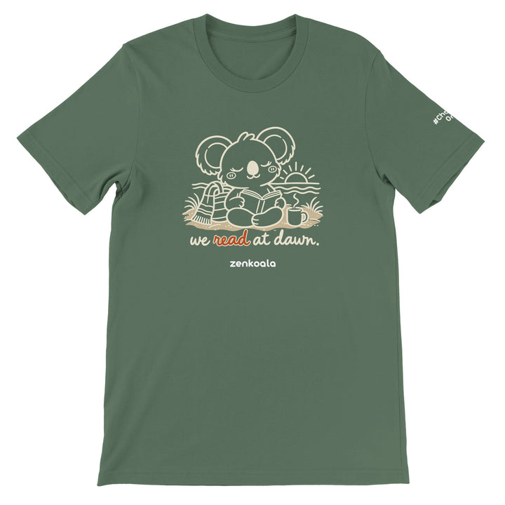 We Read at Dawn feel-good tee in military green, Zen Koala Australia