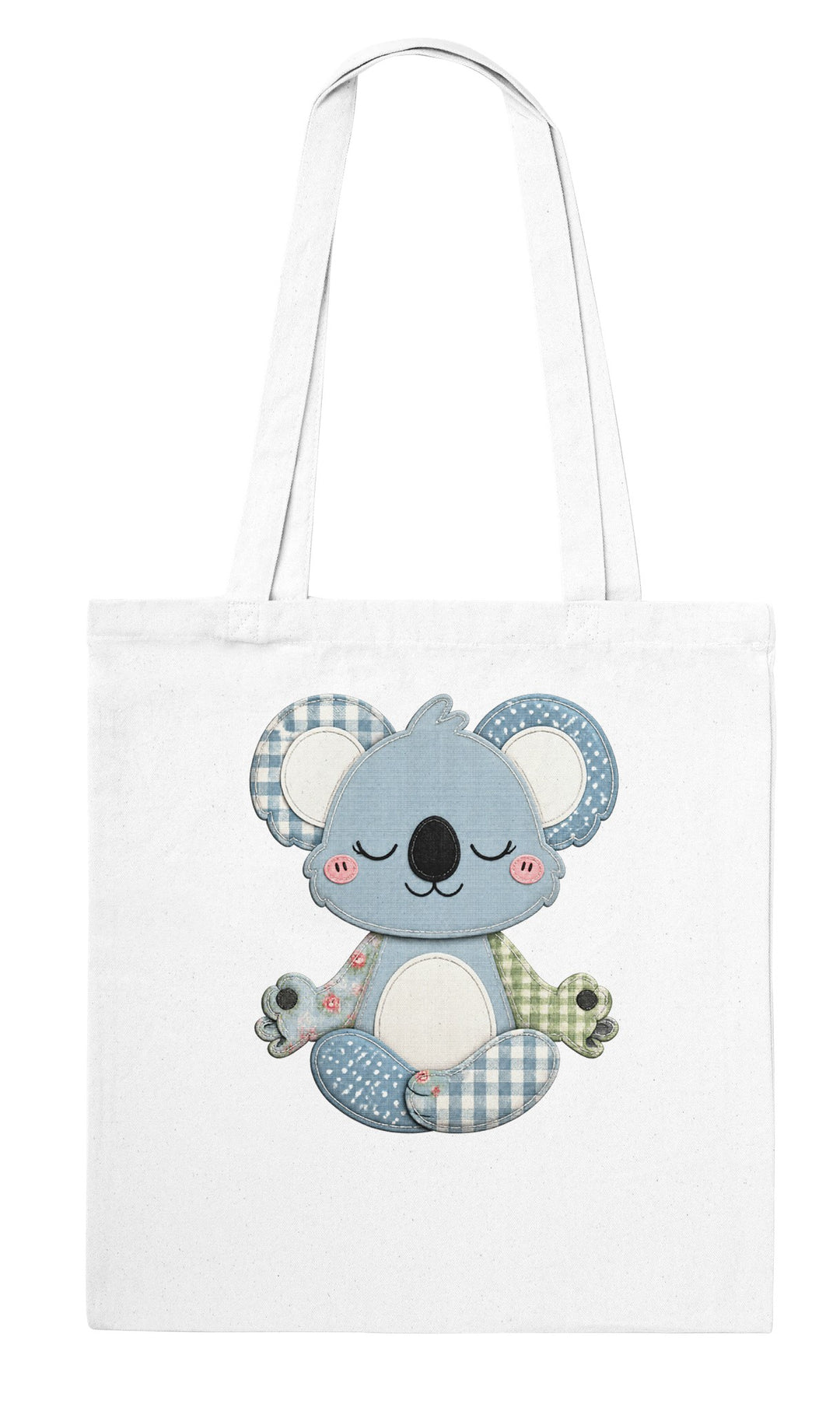 Faux Patchwork Meditating Koala feel-good tote bag in white: a faux patchwork meditating koala, Zen Koala Australia