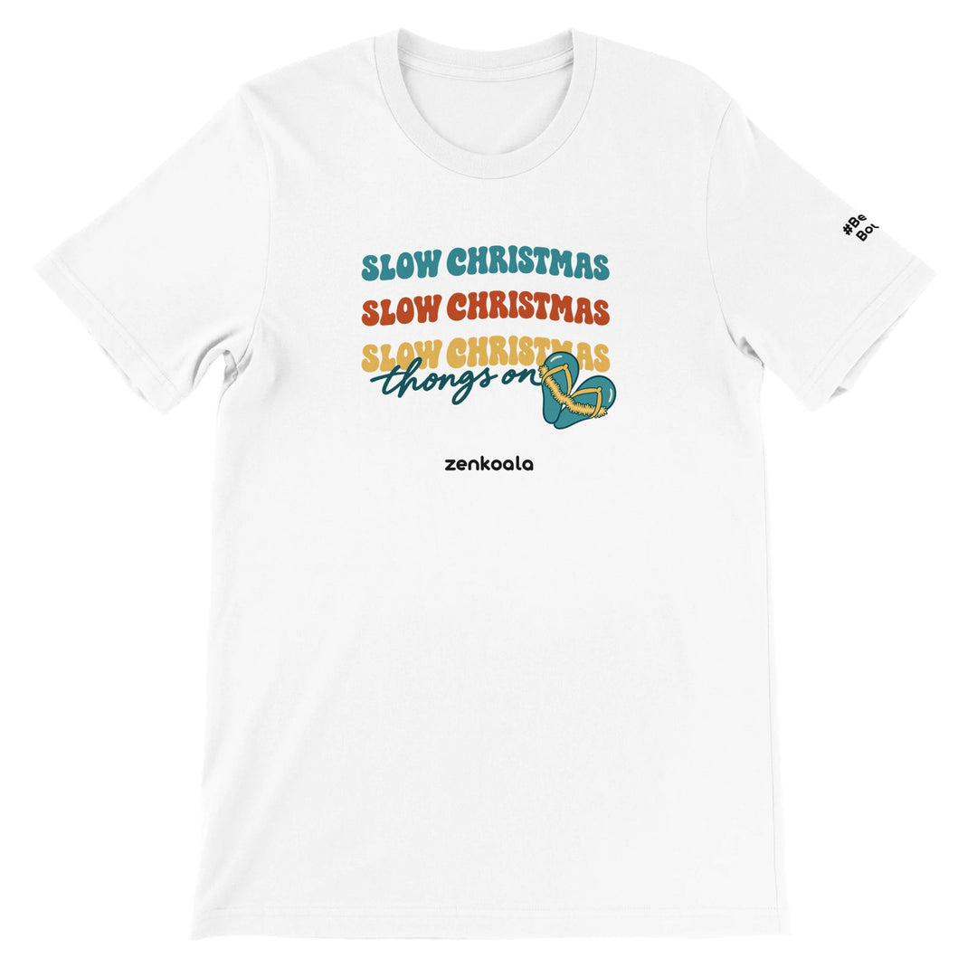 Slow Christmas Thongs On feel-good tee in white: retro Christmas lettering with a heart of thongs, Zen Koala Australia