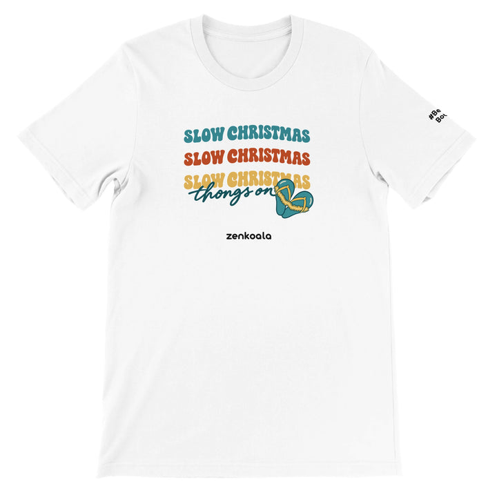 Slow Christmas Thongs On feel-good tee in white: retro Christmas lettering with a heart of thongs, Zen Koala Australia