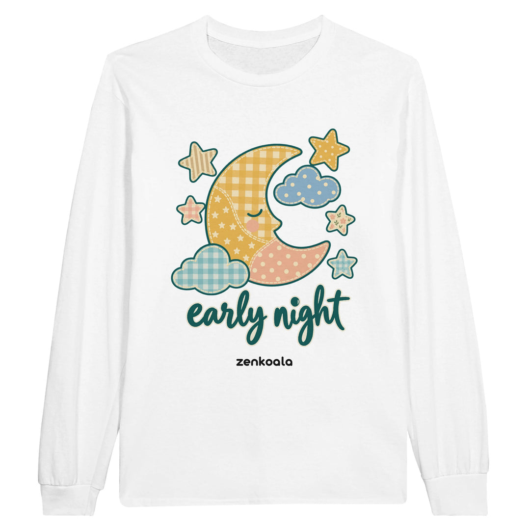 Early Night Moon feel-good long sleeve tee in white, Zen Koala Australia