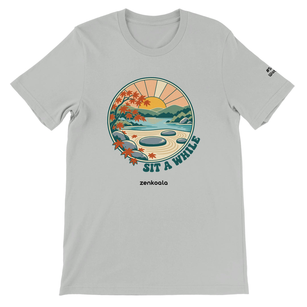 Zen Garden Sit a While feel-good tee in silver, Zen Koala Australia