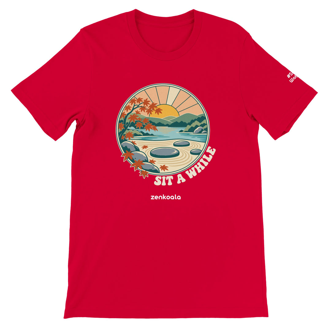 Zen Garden Sit a While feel-good tee in red, Zen Koala Australia