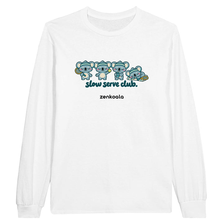 Slow Serve Club feel-good long sleeve tee in white: four koalas playing tennis slowly, Zen Koala Australia