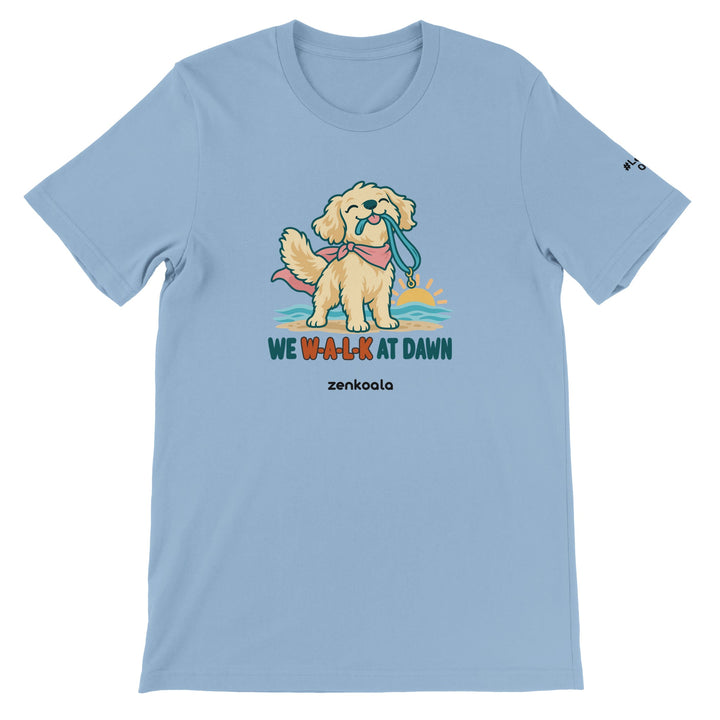 We Walk at Dawn feel-good tee in light blue, Zen Koala Australia