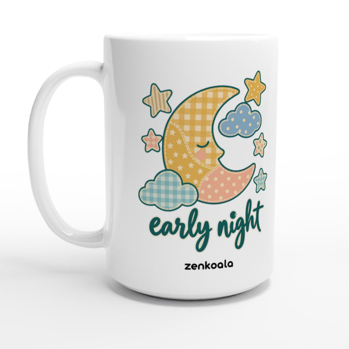 Early Night Moon feel-good 15oz mug: a sleepy faux patchwork moon, Zen Koala Australia