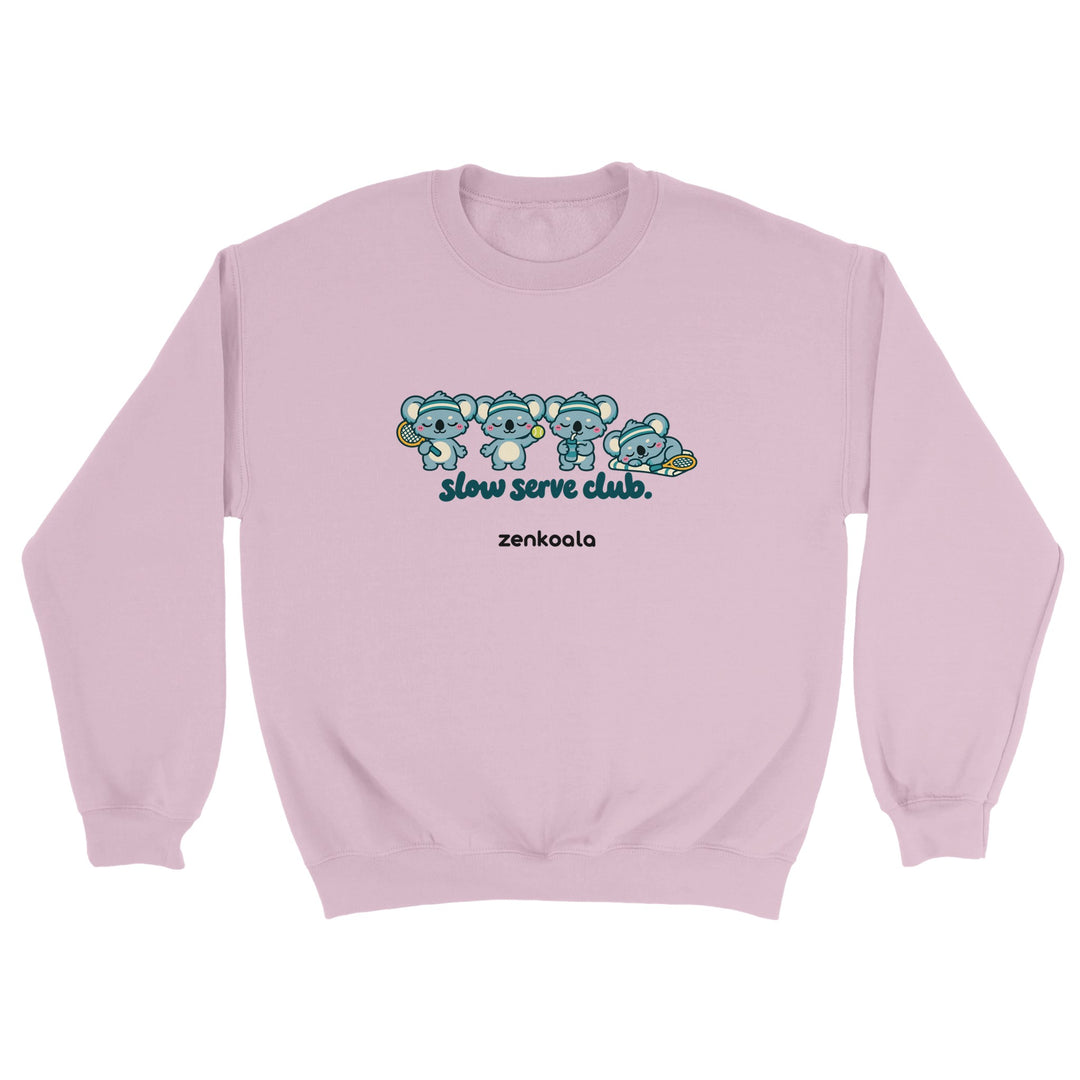 Slow Serve Club feel-good sweatshirt in light pink: four koalas playing tennis slowly, Zen Koala Australia