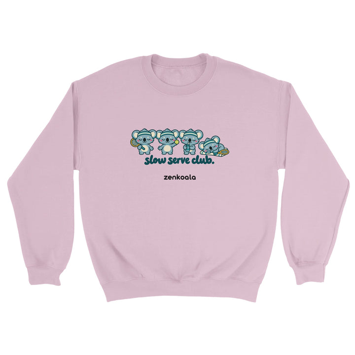 Slow Serve Club feel-good sweatshirt in light pink: four koalas playing tennis slowly, Zen Koala Australia