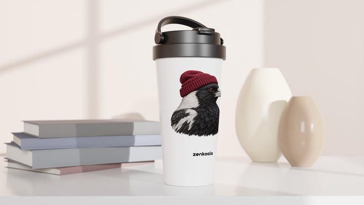Magpie Beanie travel mug beside books and vases, Zen Koala Australia