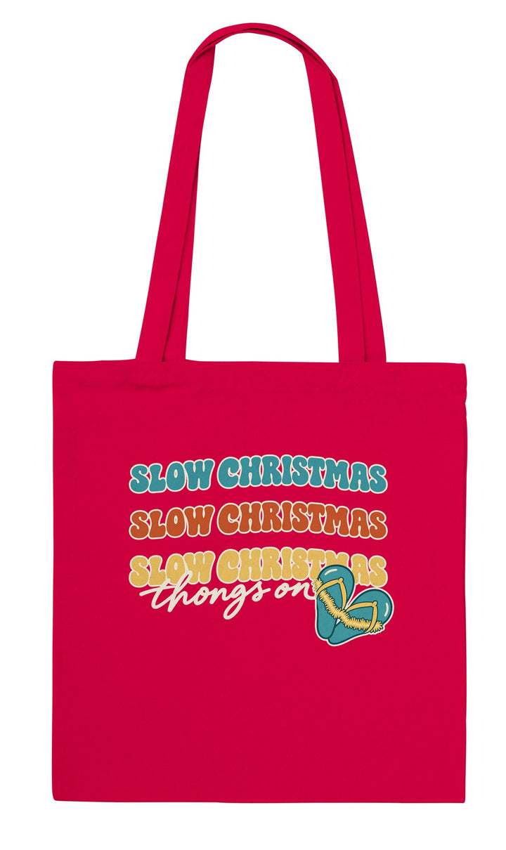 Slow Christmas Thongs On feel-good tote bag in red, Zen Koala Australia