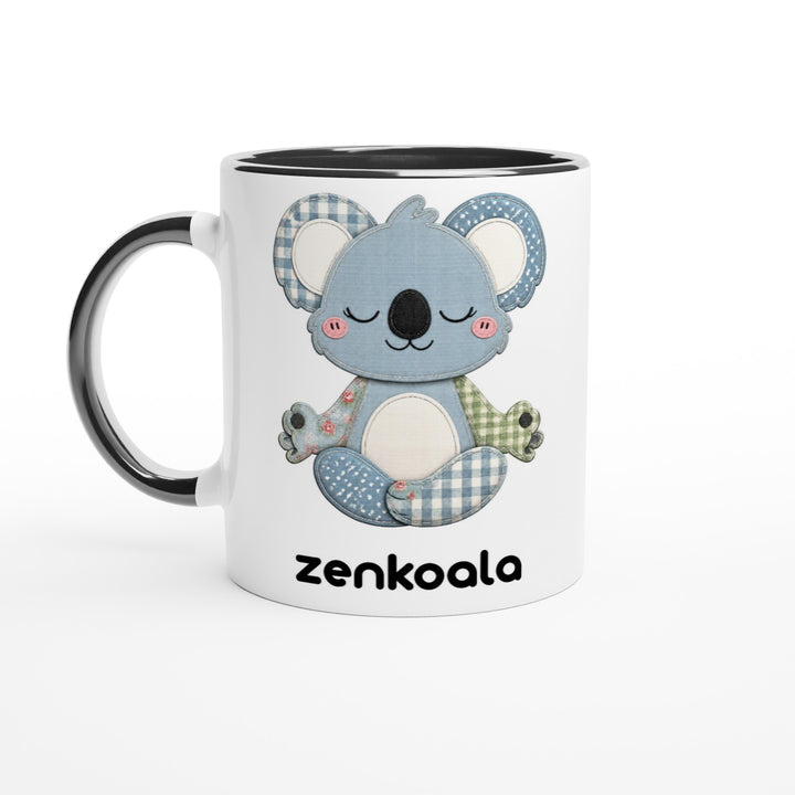 Faux Patchwork Meditating Koala feel-good mug, black inside — Zen Koala Australia