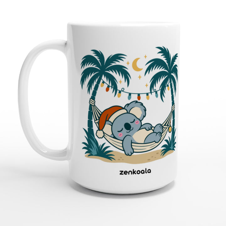 Koala Santa Hammock feel-good 15oz mug: a koala in a Santa hat dozing in a hammock, Zen Koala Australia