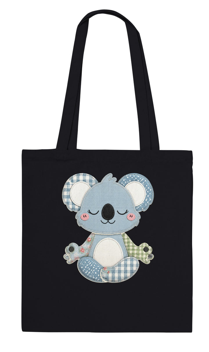 Faux Patchwork Meditating Koala feel-good tote bag in black, Zen Koala Australia