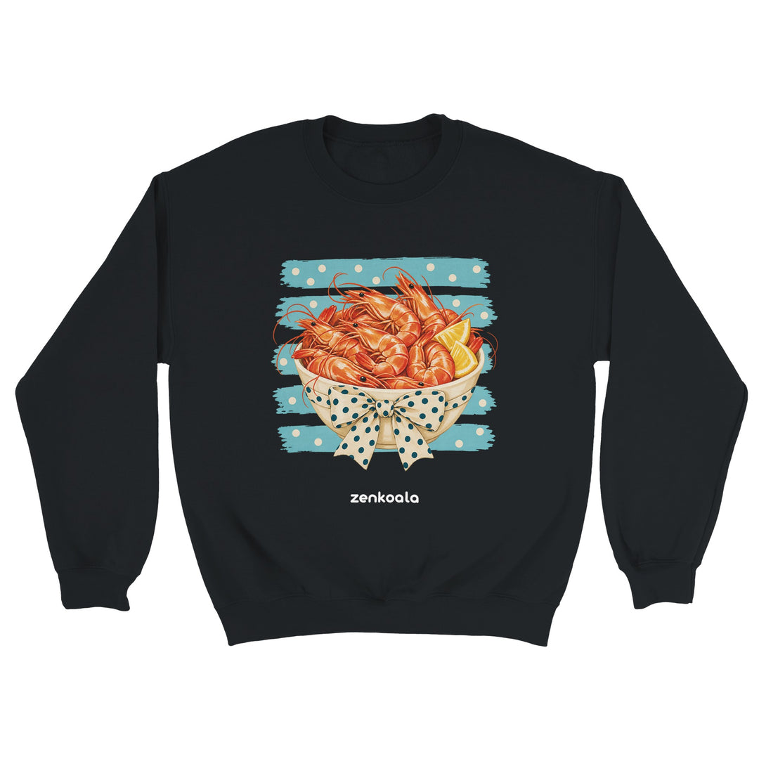 Prawns feel-good sweatshirt in black: a bowl of prawns with a bow, Zen Koala Australia