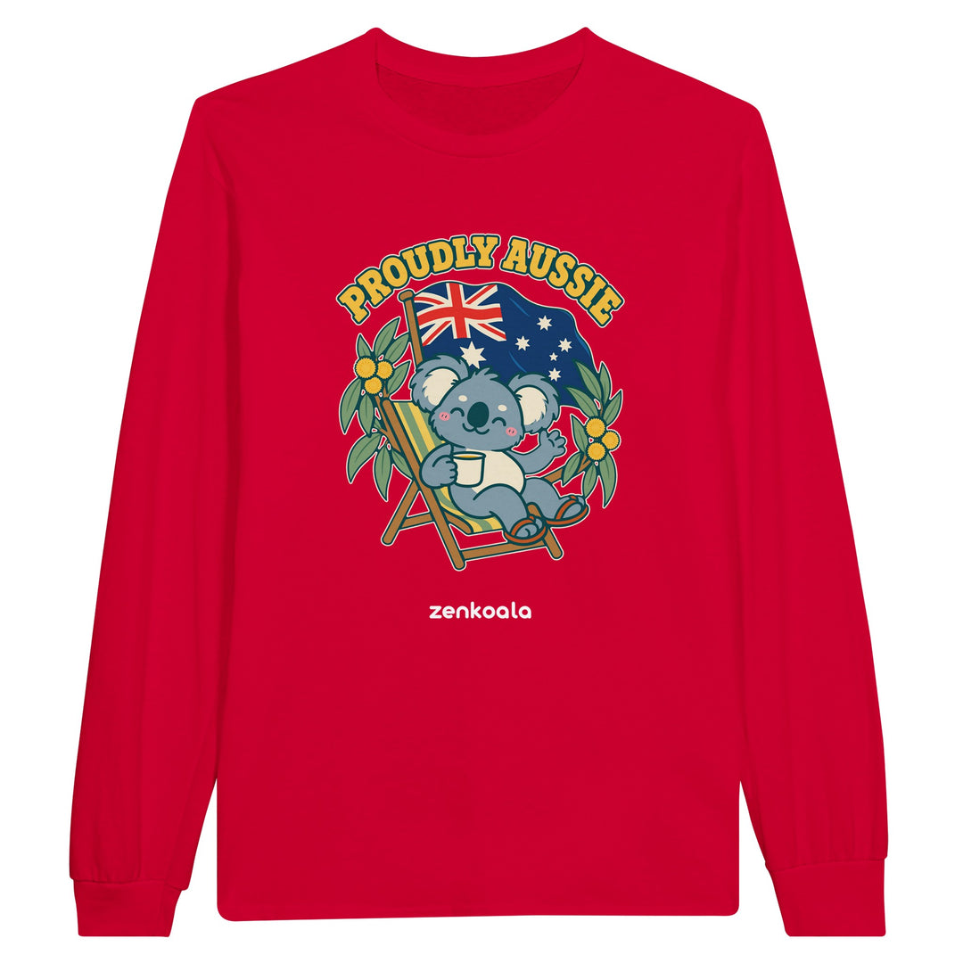 Proudly Aussie feel-good long sleeve tee in red, Zen Koala Australia