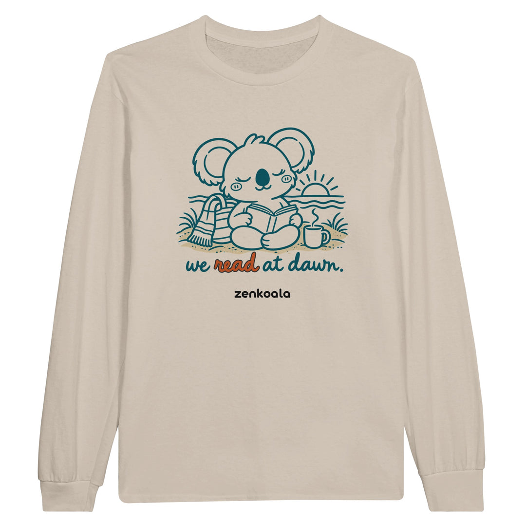 We Read at Dawn feel-good long sleeve tee in sand, Zen Koala Australia