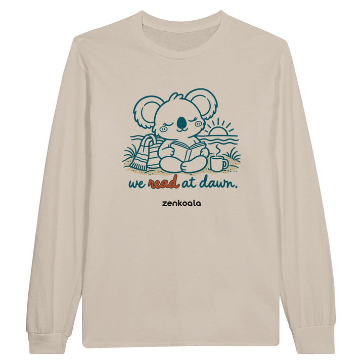 We Read at Dawn feel-good long sleeve tee in sand, Zen Koala Australia
