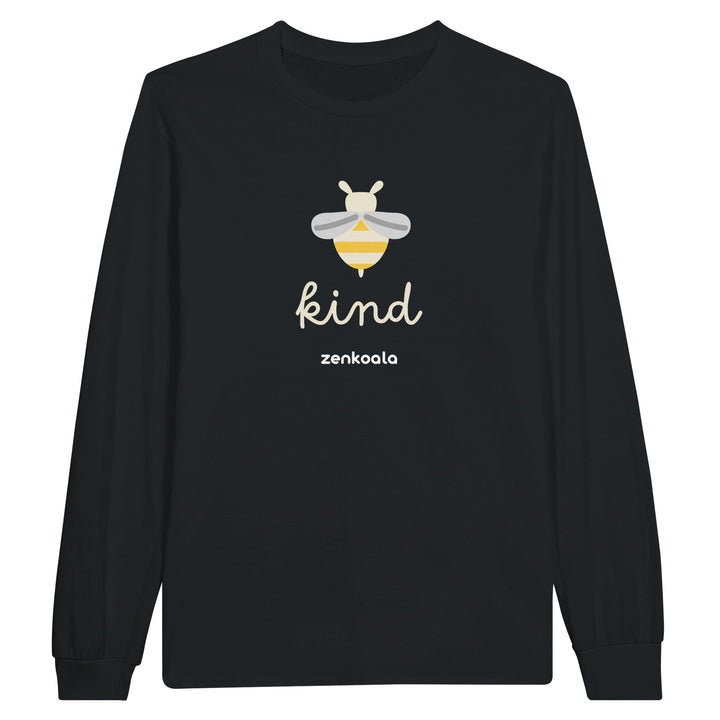 Bee Kind feel-good long sleeve tee in black: a happy little bee and one kind word, Zen Koala Australia