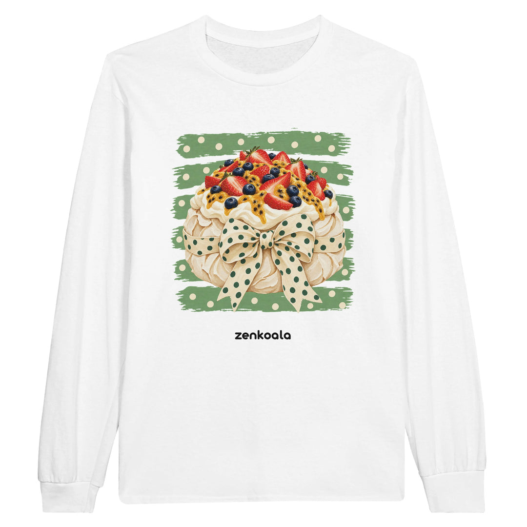 Pavlova feel-good long sleeve tee in white: a pavlova with a bow, Zen Koala Australia