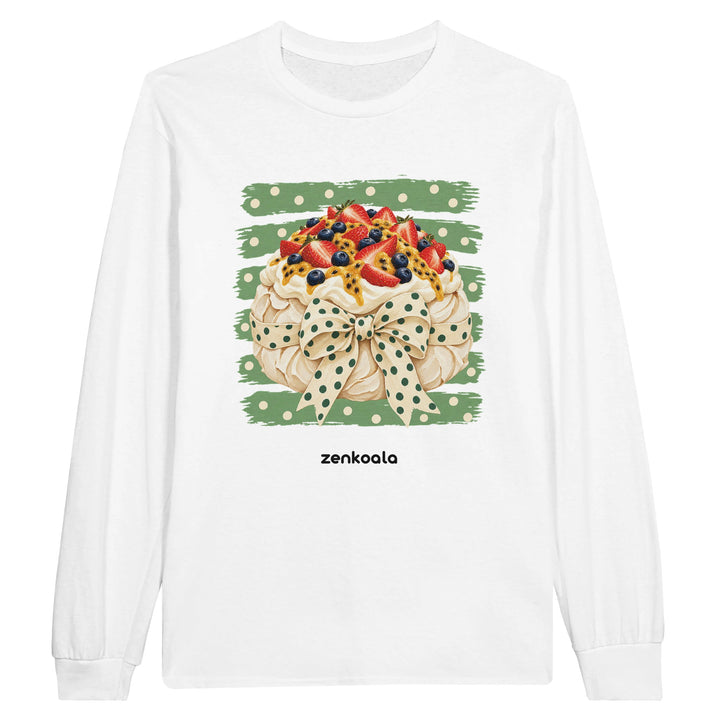 Pavlova feel-good long sleeve tee in white: a pavlova with a bow, Zen Koala Australia